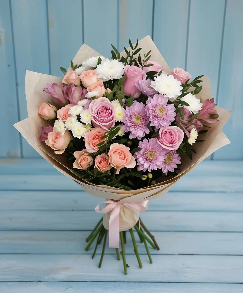 Букет цветов из: Хризантемы, Розы и Альстромерии в Марково