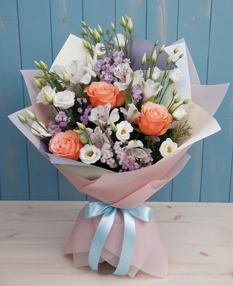 Букет цветов из: Лизиантусы, Розы, Альстромерии и Гипсофила в Марково