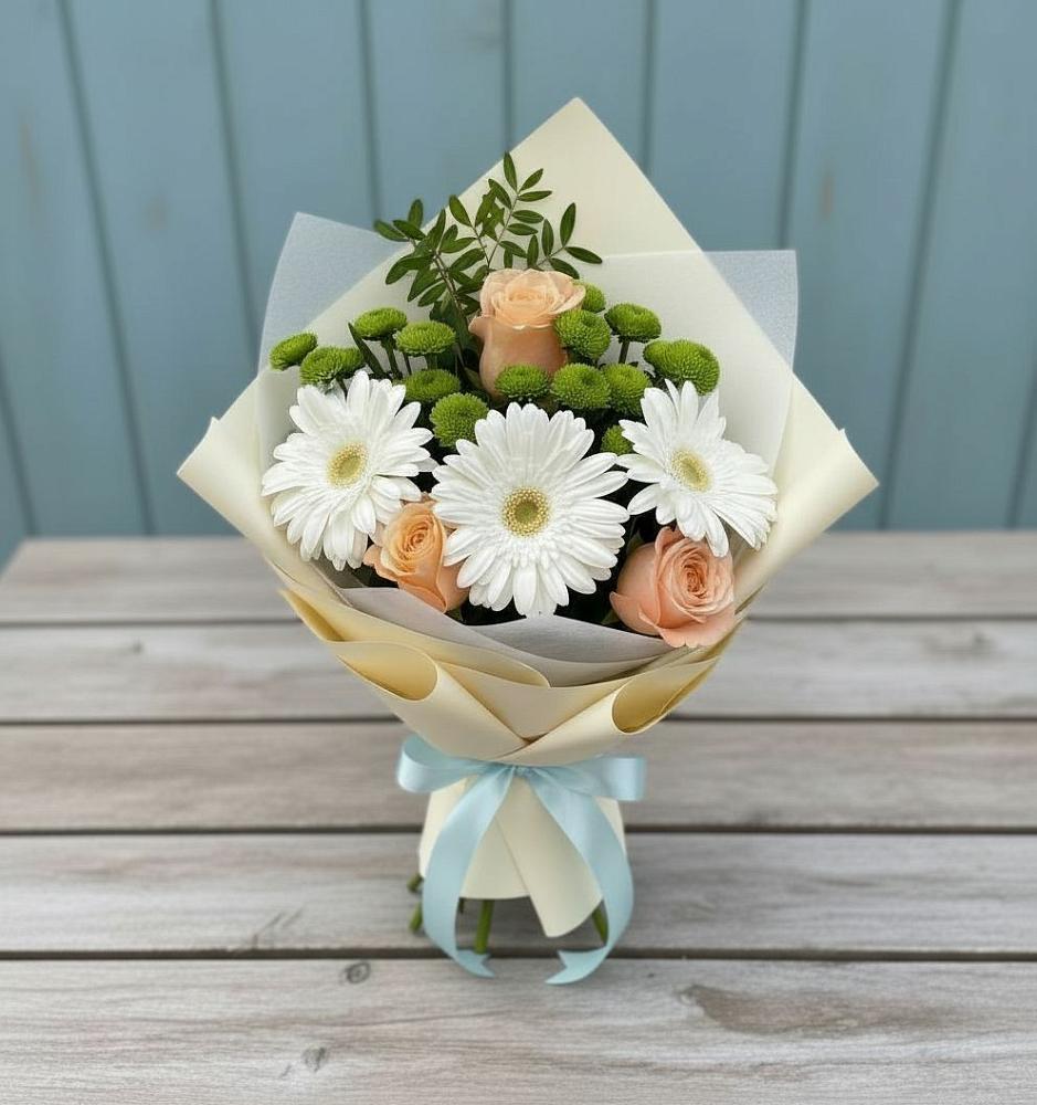 Букет цветов из: Герберы, Розы и Хризантемы в Марково