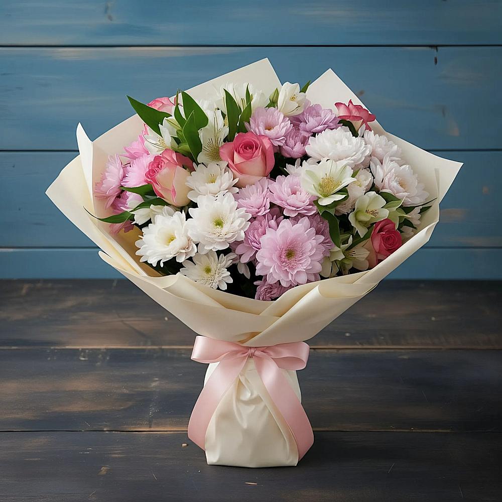 Букет цветов из: Хризантемы, Альстромерии и Розы в Марково